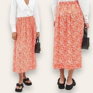 GANNI | red orange floral midi crêpe skirt | size 36 | US 4 | Small